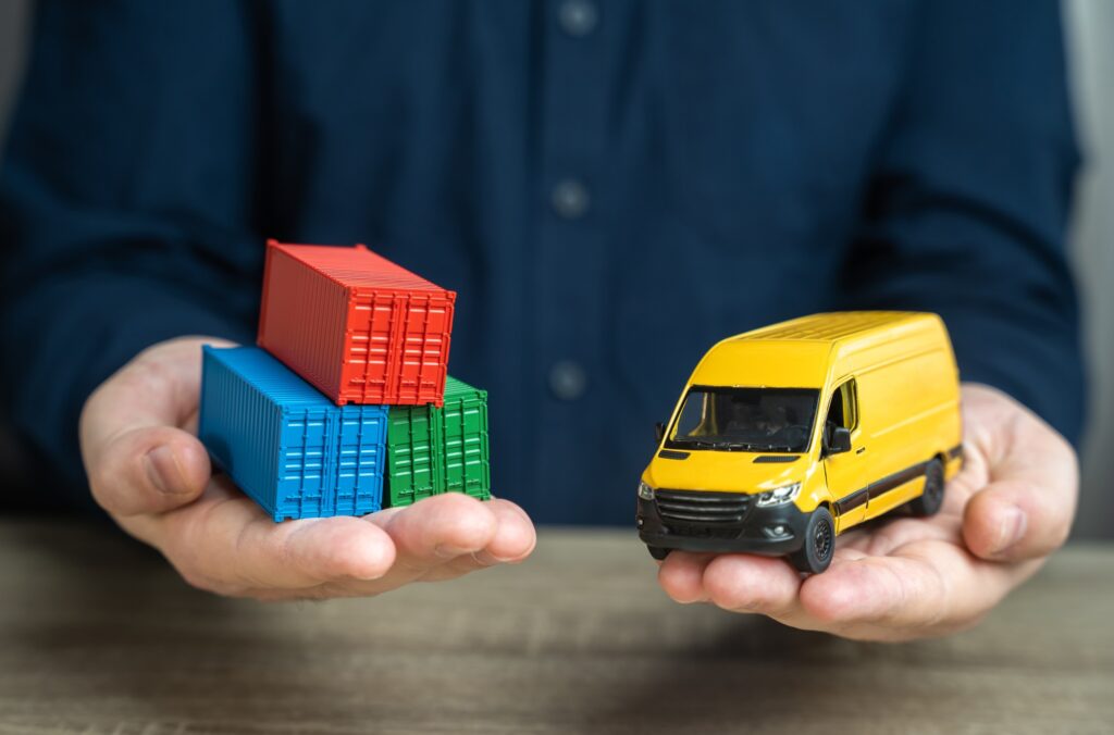 Shipping containers and delivery van car.